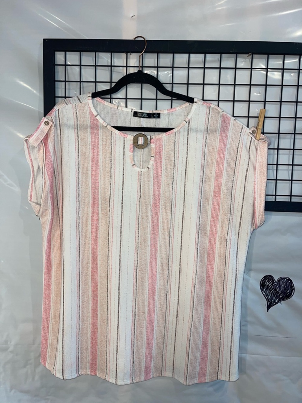 CURE.  Striped Short-Sleeve Keyhole Blouse in Pink & Cream